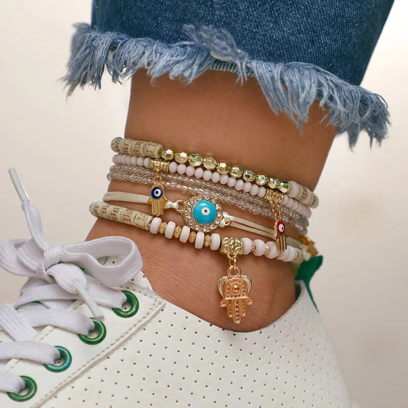 Fashion Vintage Boho Hippie Handmade String Bead Eye Palm Love Pendant Charms Anklets for Women