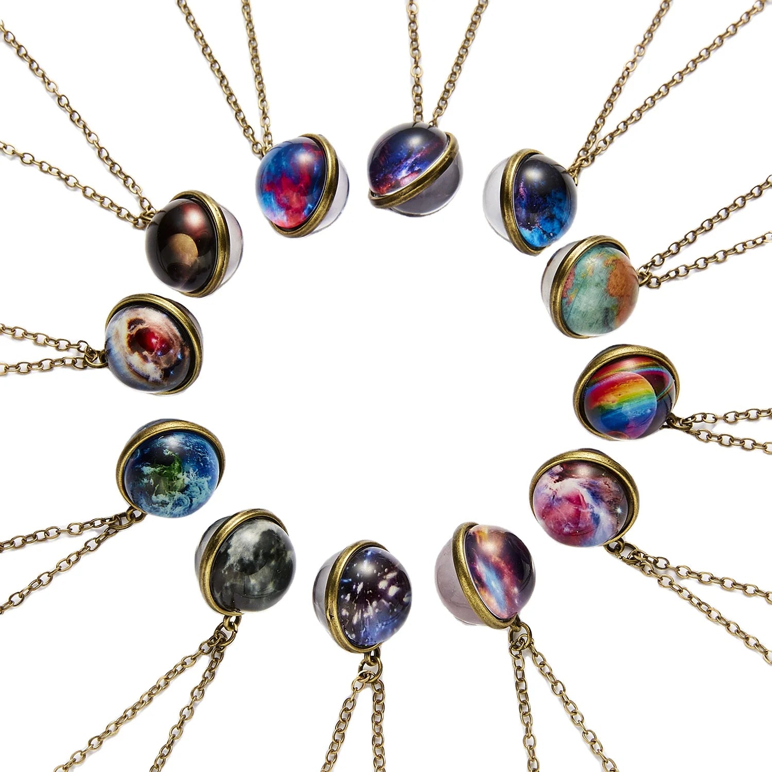 Double-sided Glass Starry Sky Planetary Ball Luminous Solar System Universe Gem Galaxy Planet Pendant Necklace N0001