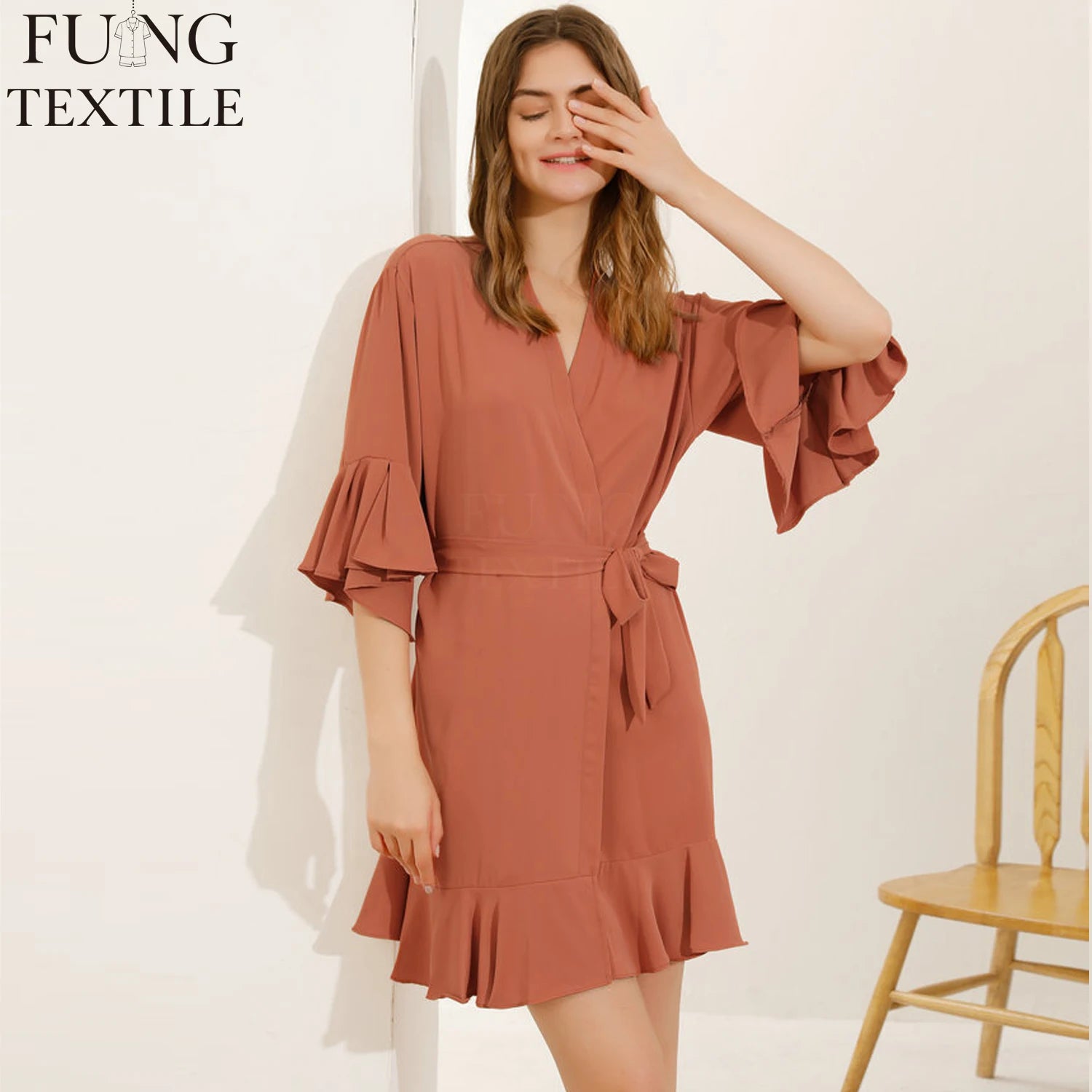 FUNG 6008 Plus Size Thermal Knee Length Personalized Sleek Satin Kimono Ruffle Robe with Breathable Fabric Drawstring Closure
