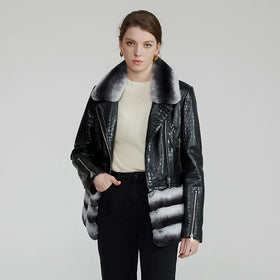 New Coming Detachable Fur Collar and Lower Part Women Genuine Leather Jacket