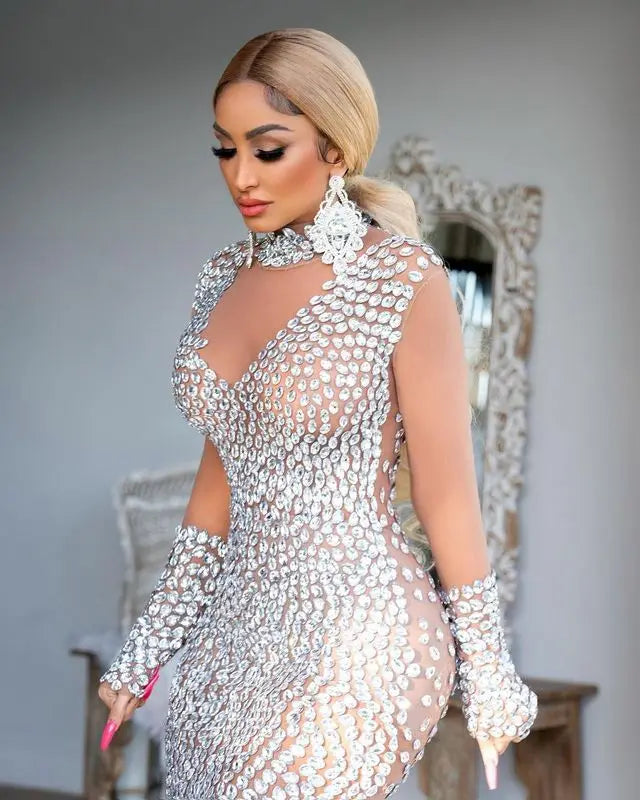 Singer Glamour Diamond studded Striking Club Dress Bodycon Sexy Rhinestone Dresses Ladies Night Sexy Party Dresses