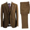 Brown Autumn Winter Men's Suits Wear 3 Piece Suit Jacket+Vest+Pant Tweed Herringbone  Wedding Tuxedos Size Clothing