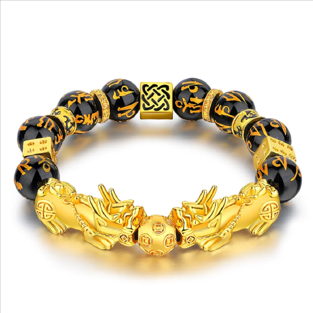 Fashion Brass Alloy Fengshui Pixiu Black Obsidian Brave Troops Bracelet Charm Picchu Buddha Bead Bracelets Jewelry