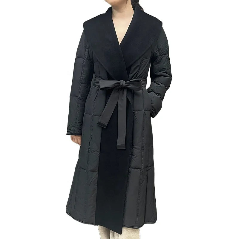Custom Luxury Genuine Wool Turn Down Collar Long Goose Down Coats Women With Belt