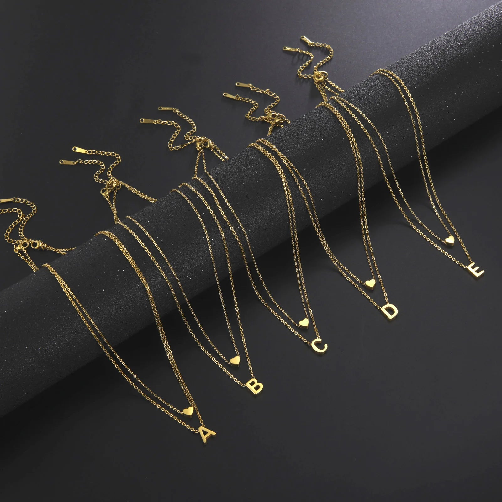 Gold Plated Stainless Steel Initial Necklaces for Women Heart Charm Double Layered Necklaces Jewelry
