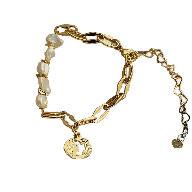 Trendy Gold Plated Baroque Beaded Bracelet for Women for Party or Gift Elegant Pearl Chain Stitching Jewelry