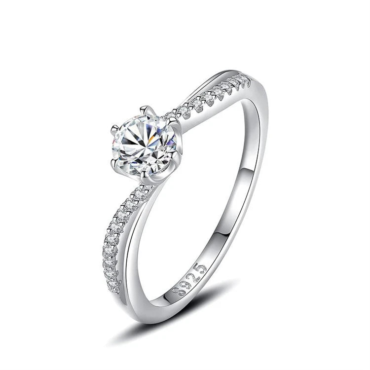 Fashion 925 sterling silver six-claw round simulation diamond women simple zircon wedding ring