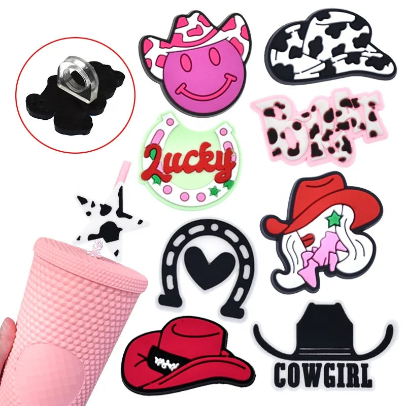 Straw Toppers Charms Texas Western pink Lucky Slogan Cowgirl Cowboy Hat Boots Horse Horseshoe Straw Toppers Charms