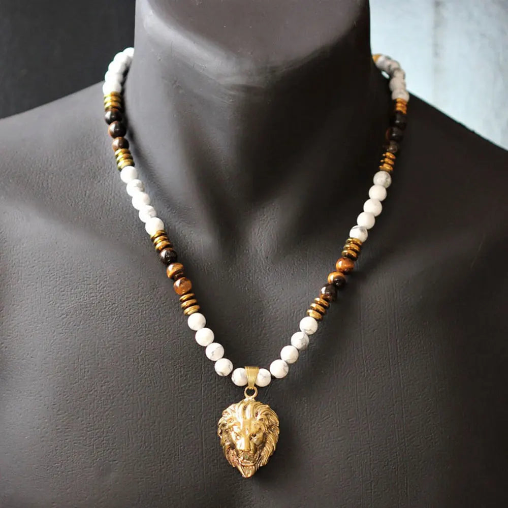 Wholesale Luxury Custom Healing Gemstone lion Necklace Men's Natural tiger Eye Howlite Beaded Necklace Gift for Him Christmas