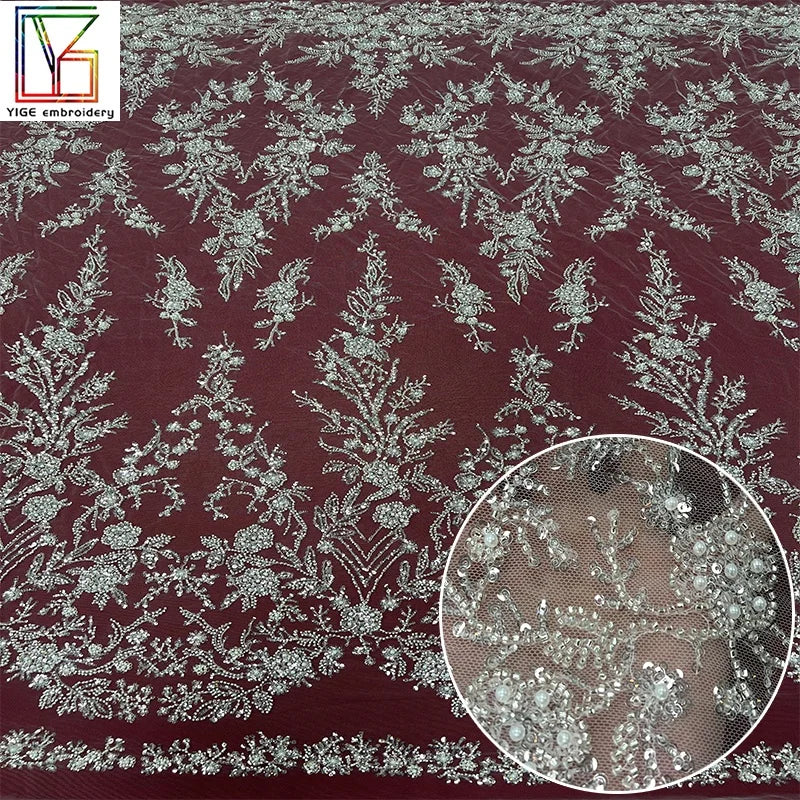 Wholesale Price Beaded Sequins Lace With Pearls Dress Fabric Evening Tulle Lace Beaded Fabric With Beads French Lace