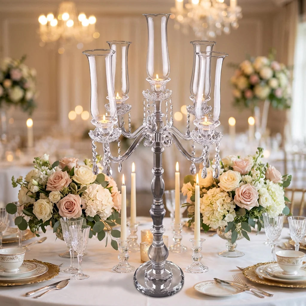 Crystal Candle Holder 5 Arms Retro Wedding Table Centerpieces Clear Glass Candlesticks for Wedding Party Decorations