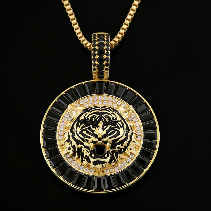 Custom Black Baguette Zircon & White CZ Accents Brass Hip Hop Iced Out Tiger Head Pendant Charms