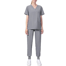 Comfortable & Functional Matching Two-piece Set Pockets V-neck Top & Solid Pants Health Care Medical Uniform Women's Clothing