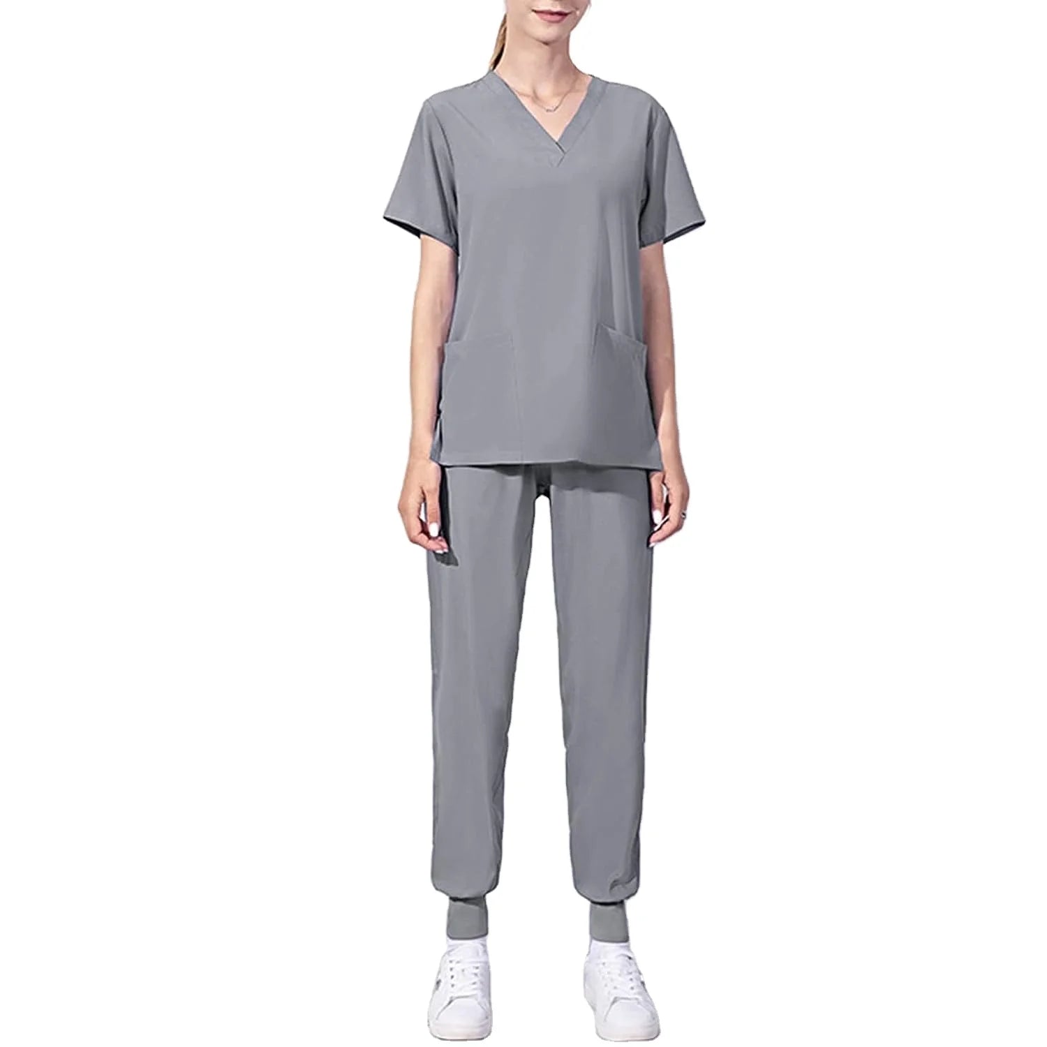 Comfortable & Functional Matching Two-piece Set Pockets V-neck Top & Solid Pants Health Care Medical Uniform Women's Clothing
