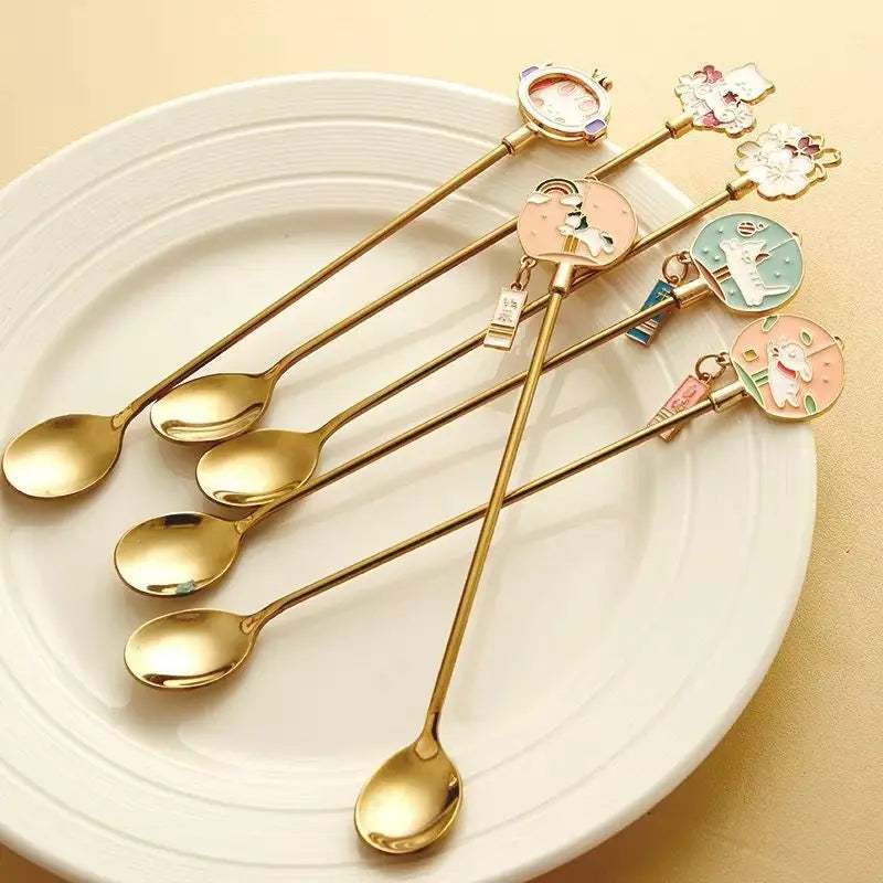 Chic INS Stainless Steel Teaspoon Creative Long Handle Ice Cream Honey Coffee Stirring Spoon Fruit Dessert Cake Fork Tableware