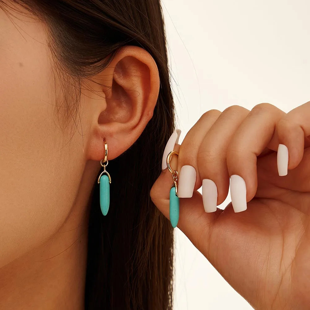 RINNTIN GME44 Bullet Shape Turquoise Drop Earrings Natural Gemstone Fine Jewelry 925 Silver Dangle Hoop Earrings for Women Bulk