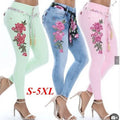 S-5XL (no Belt) Women Stretch High Waist Skinny Embroidery Plus Size Jeans Floral Print Denim Pants Trousers Women Pencil Pants