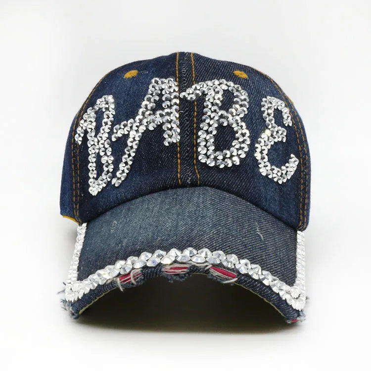 Hot Sale Custom 6-Panel Rhinestone Distressed Denim Baseball Hat with Puff Printing Fashionable Headwear MegaBDM