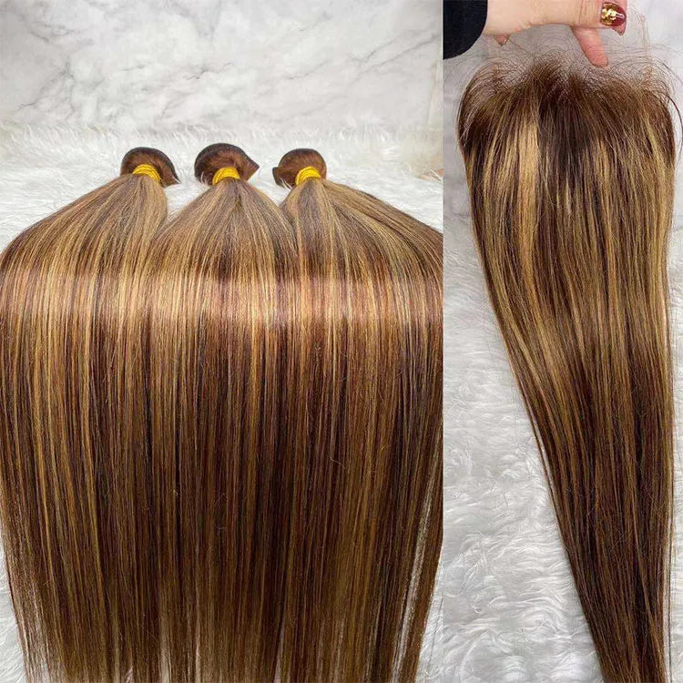 12A Highlight #4 and #27 Virgin Brazilian Cuticle Aligned Human Hair Bundles Extension Weft With 5*5 Super Thin HD Lace Closure MegaBDM