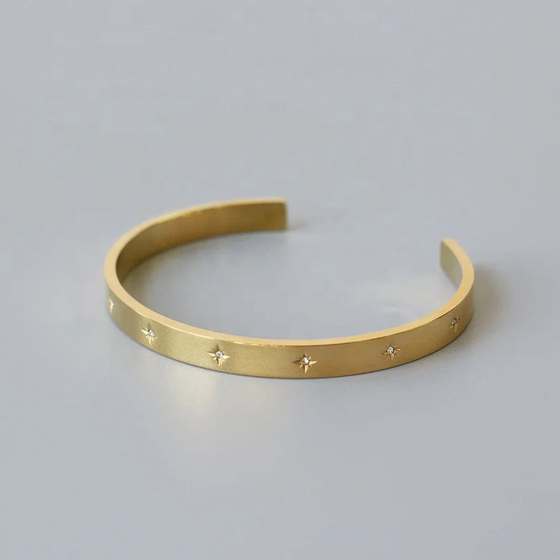 Engraved North Star Shape Astral Zircon Inlay Stainless Steel Open Bracelet Bangle for Women