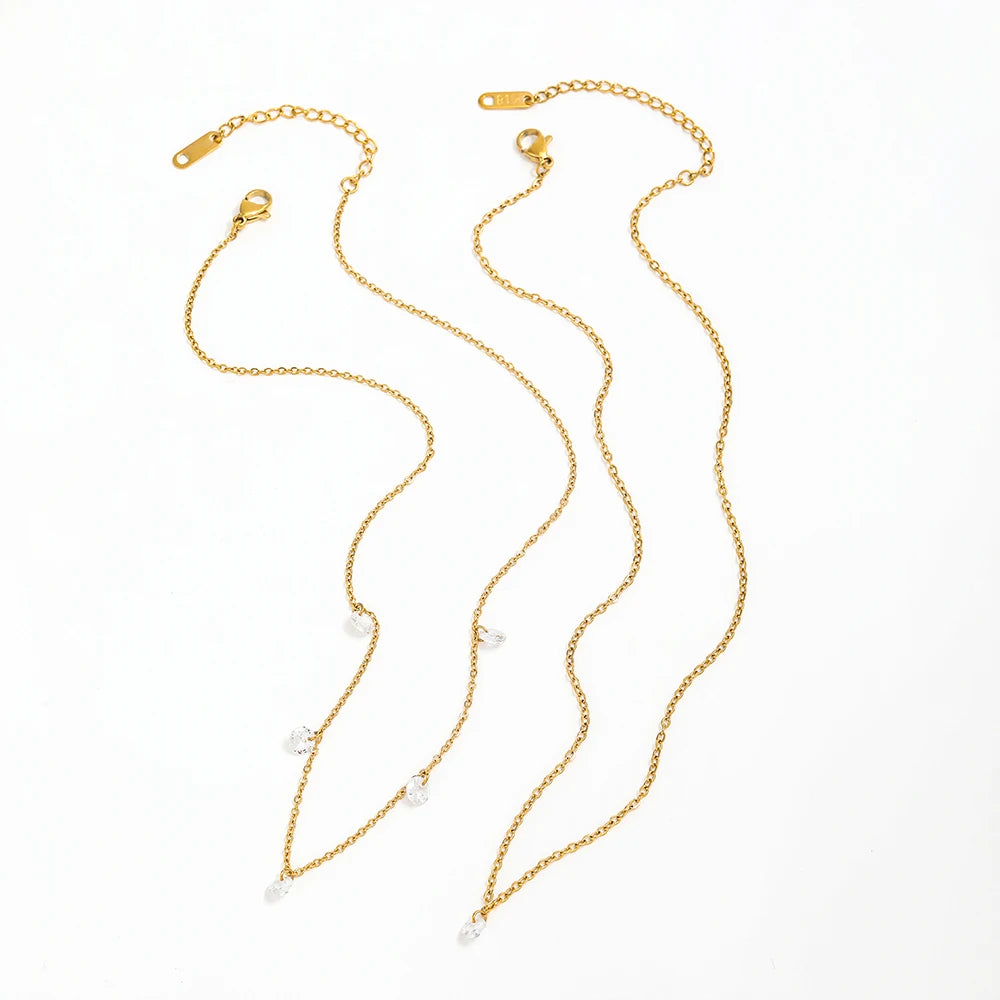 Joolim 18K Gold Plated Simple 5-Zirconia Pendant Necklace Fashion Jewelry Women-for Parties Gifts Classic Style Stainless Steel