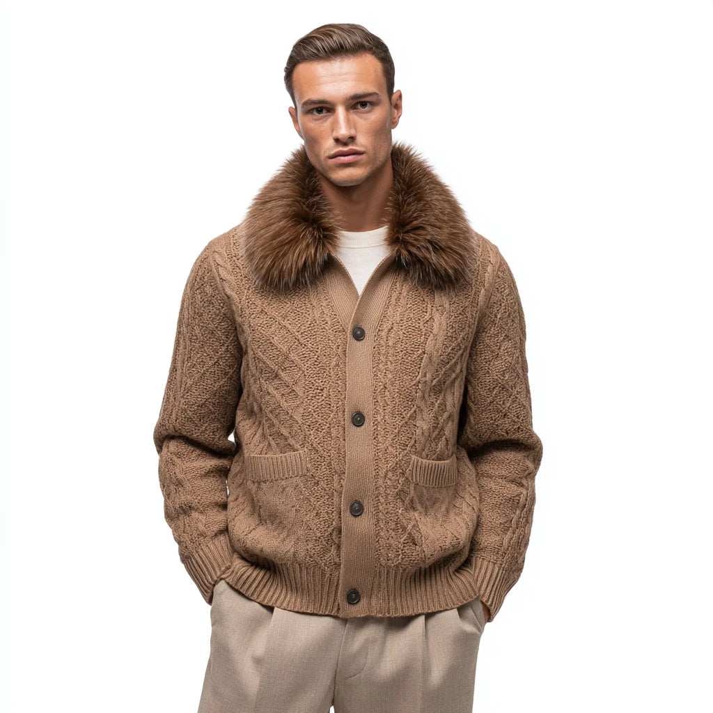 Men Button Front Knit Jacket with Removable Fur Collar | Wool Blend Knit Outerwear Wholesale