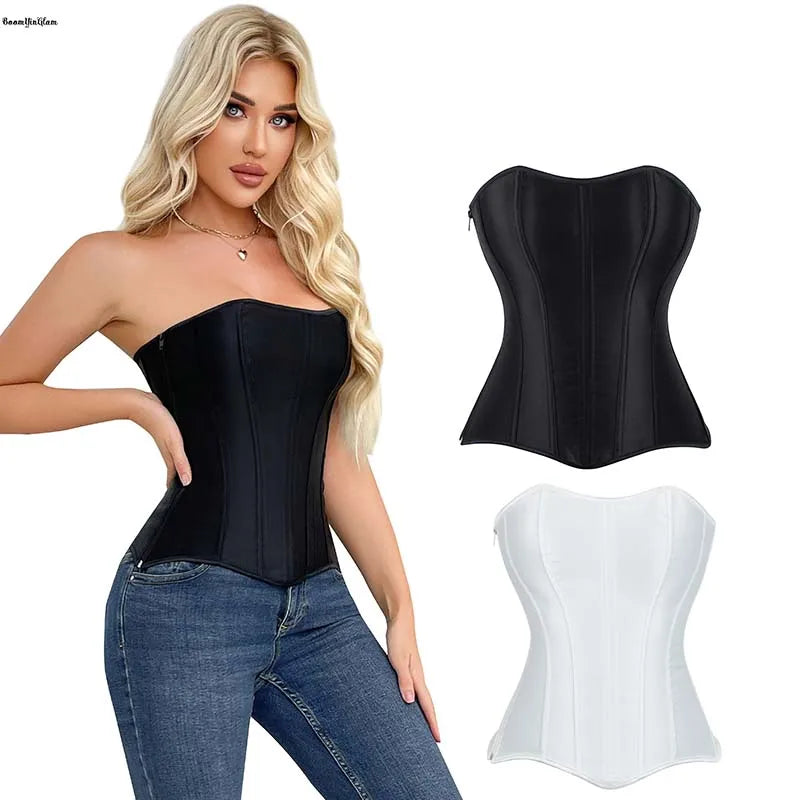 15 Fish Bones Supported Zip up Wedding Bridal Bustier Women's Frill Trim Boned Overbust Corset Black White Satin Tops