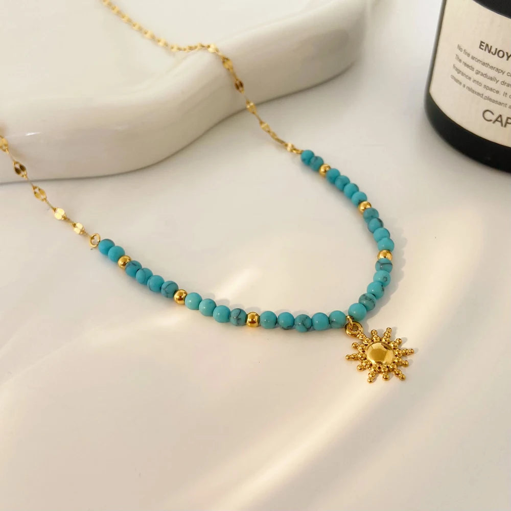 Luxury and High-end Turquoise Sun Pendant Necklace Joyas De Acero Inoxidable Non Fading Titanium Steel Jewelry Wholesale