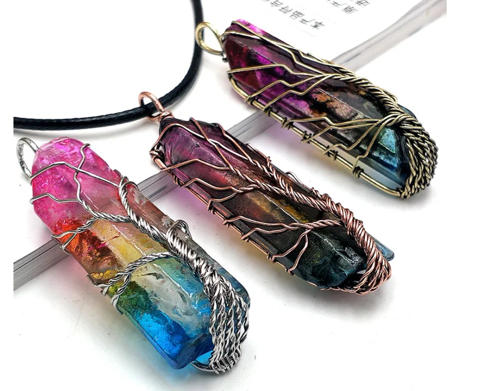 Natural Chakra Tree Life Crystal Point Pendant Handmade Wire Wrapped Tree  Life Healing Gemstone Point Jewelry