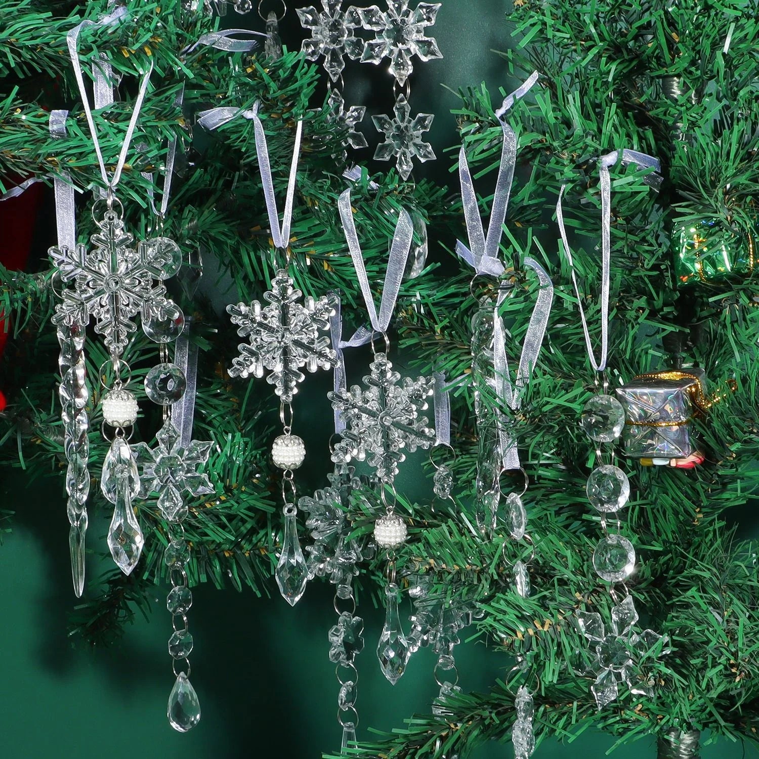 Christmas Tree Hanging Decorations Acrylic Snowflakes Icicle Drop Ornaments Xmas Winter Holiday Frozen Party Pendant Decor