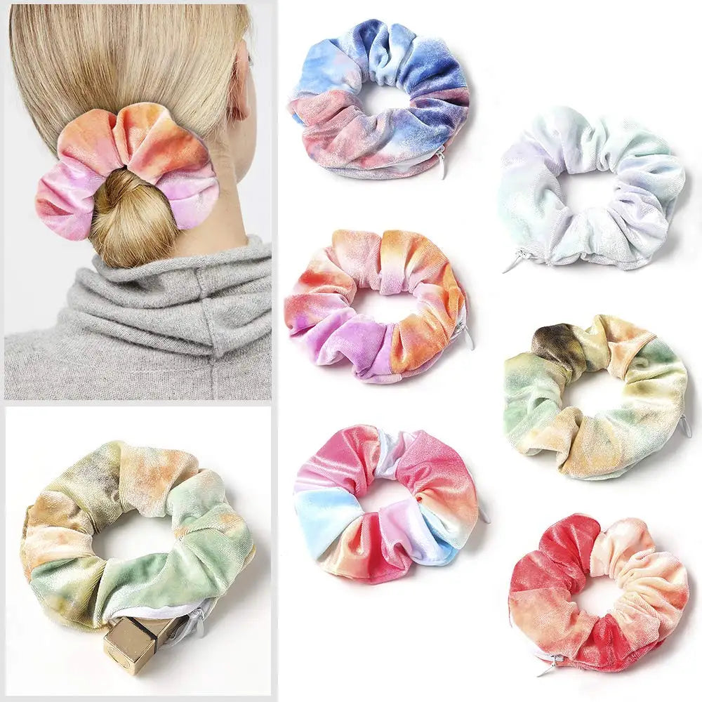 Women Velvet Hidden Secret Zipper Pocket Scrunchy Hair Bobbles 11cm Customizable Designs Scrunchies for Girls Wholesale