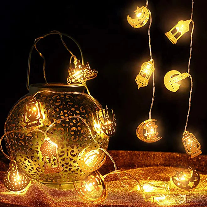NEW 6.56Ft 10 LEDs Moon Star Lantern Lamp Ramadan Kareem Party String Lights Decor for Egyptian Islam Holiday Wedding