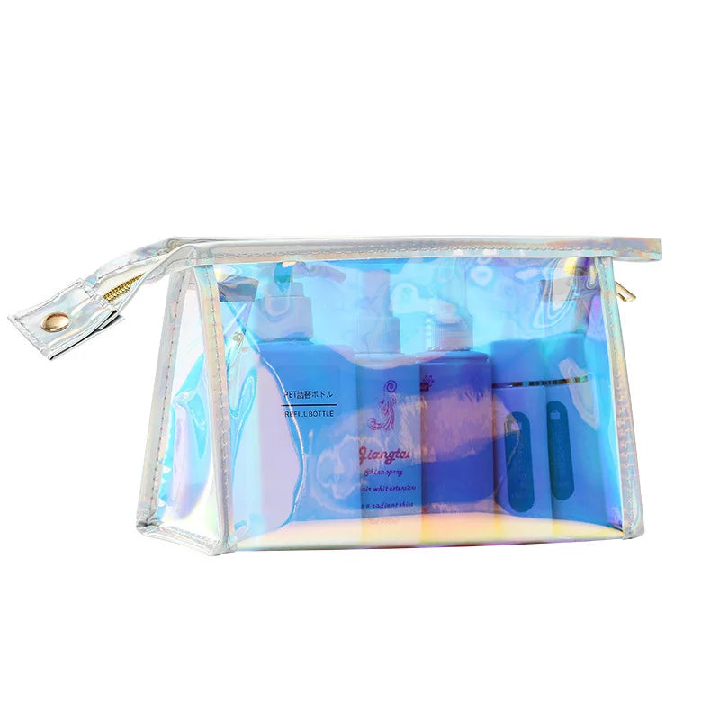 Waterproof Beauty Package Bag Holographic Silver Cosmetic Bag Metal Zipper Neon Silver Make up Bag with Handle