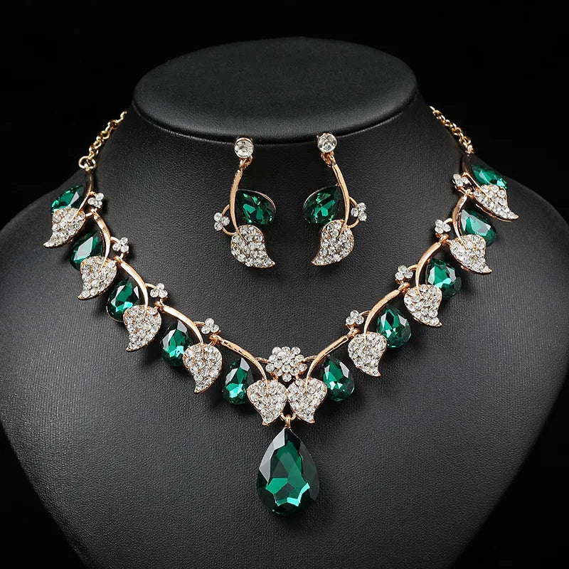 Vintage 18K Gold Plated Crystal Necklace Set Women's Gemstone Clavicle Chain with Leaf Water Drop Pendant Jewelry Gift