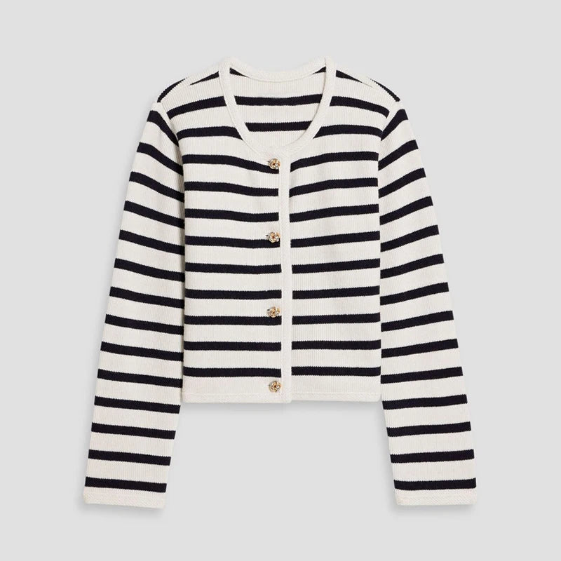 Custom logo Sweaters Woman Mid-weight Button Front Cardigan Knit Old Money Aesthetic Black and White Striped Sweater for Women