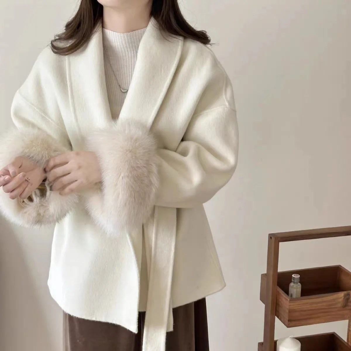 Women's Fashion Winter Coat Double-Sided Fox Fur Wool Long Length Waterproof Belt Closure Office Ladies Rich Families