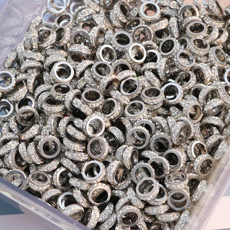 S1208 Big Hole Crystal Pave Stainless Steel Disc Rondelle Wheel Spacer Beads for DIY Jewelry Making