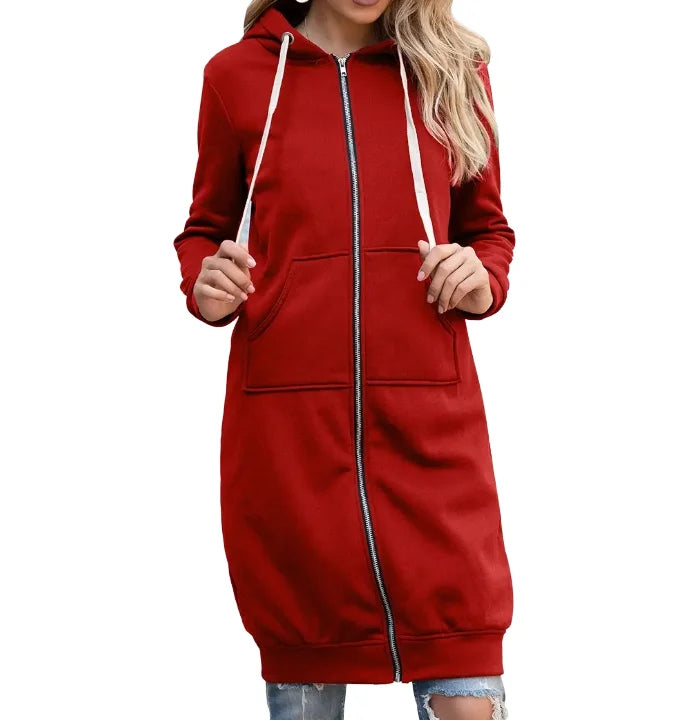 Custom Autumn Winter Women's Long-Sleeved Mid-Length Sweatshirt Hooded Fleece Jacket Solid Pattern Long Hoodie Coat