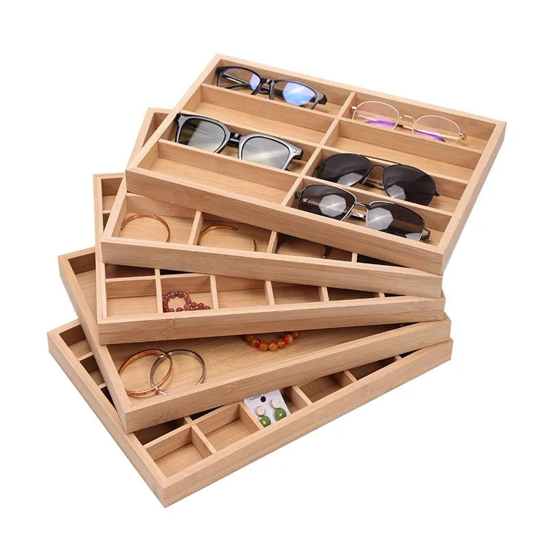 Premium Natural Bamboo 8 Glasses Jewelry Display Tray Organizer