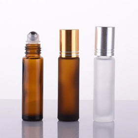 Empty Amber Clear Glass Oil Bottle Tiny Cylinder Frosted Roll-on Lip Oil Container Metallic Style 5ml 10ml Volume Box Packing
