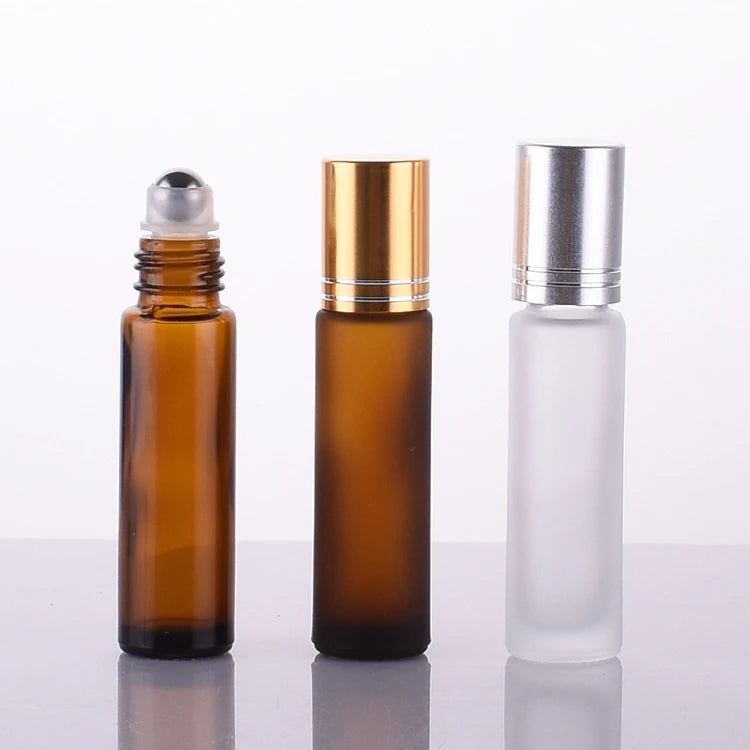 Empty Amber Clear Glass Oil Bottle Tiny Cylinder Frosted Roll-on Lip Oil Container Metallic Style 5ml 10ml Volume Box Packing