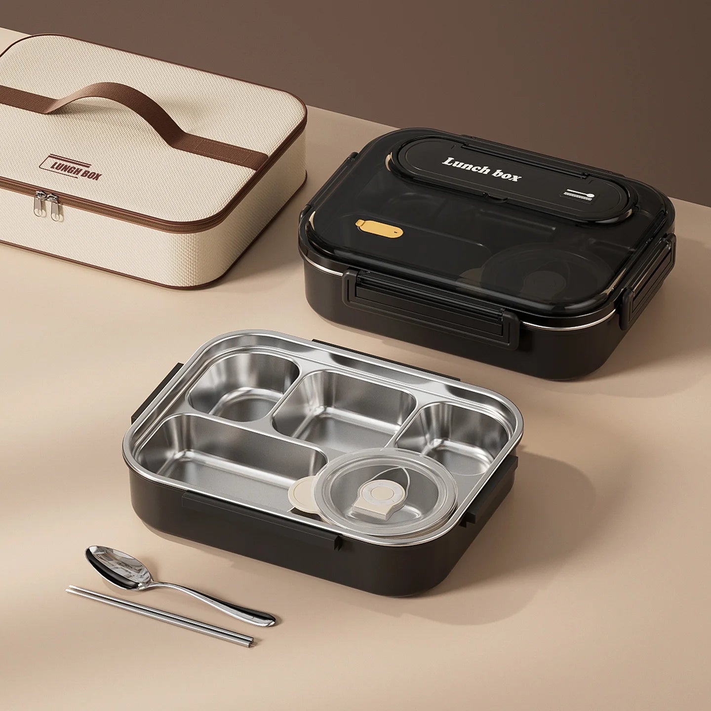 Portable Food Storage Container Large Capacity 5 Compartments 304 Stainless Steel Lunch Box With Insulated Bag and Soup Bowl