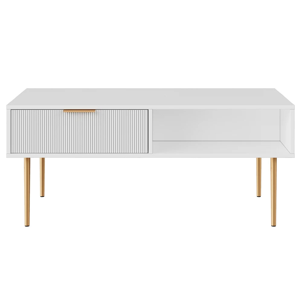 Factory Direct Embossed Texture White Wood Ribbed Doors Center Coffee Table with Gold Metal Leg
