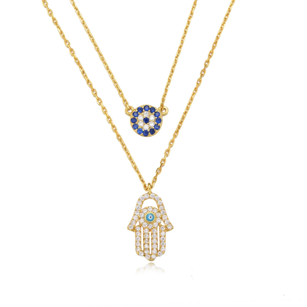 Fulsun Fashion 925 Sterling Silver CZ Cubic Zirconia 14K Gold Plated Hamsa Hand Pendent Necklace Jewelry