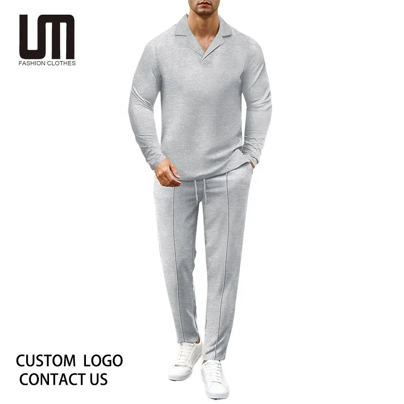 Liu Ming Hot Selling Wholesale Autumn Men Casual Outfits Solid Color Two Piece Vintage Long Sleeve Shirt and Pants Suits