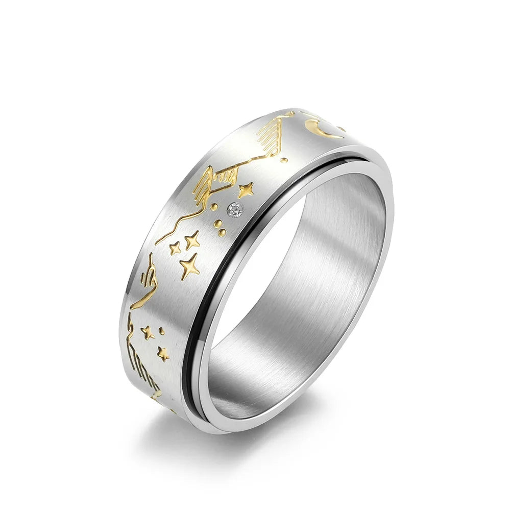 European and American Luxury Stainless Steel Jewelry Rings Gold Star Pattern Double Layer Titanium Steel Rings for Men