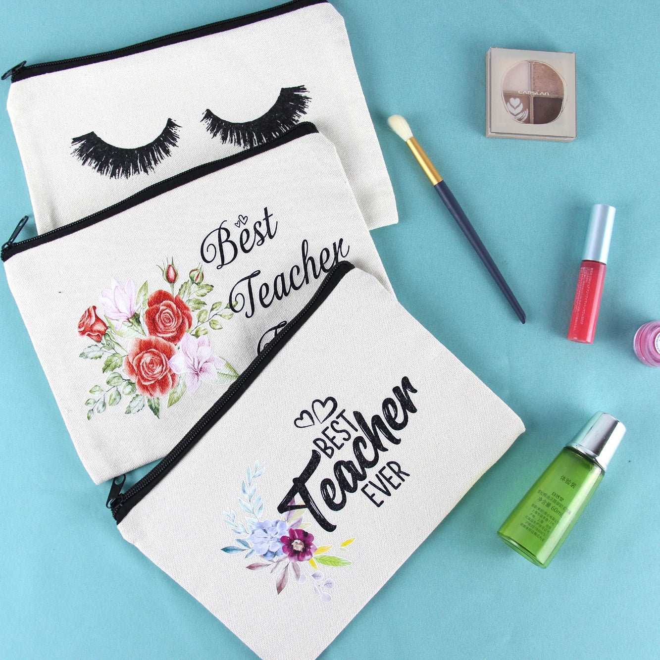 Large Cartoon Black Cotton Travel Canvas Foldable Makeup Pouch with Soft Handle and Zipper