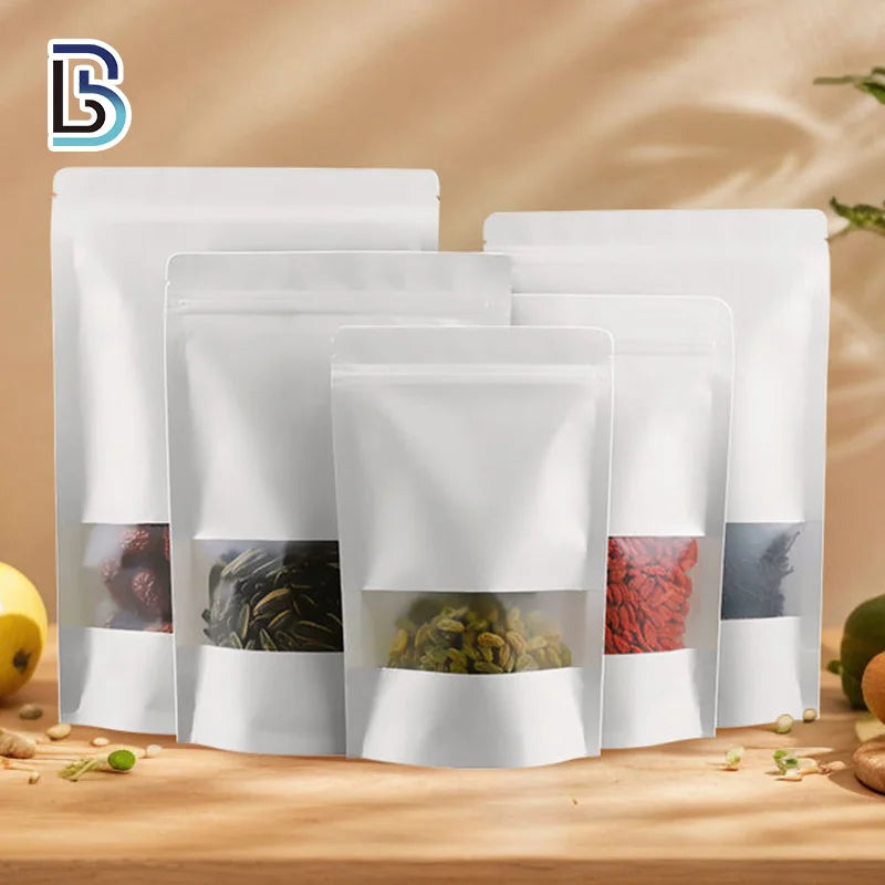 China Factory Stock Recyclable Zip Lock White Kraft Paper Bags Moisture-proof Stand up Pouch with Window Food Packaging Bag
