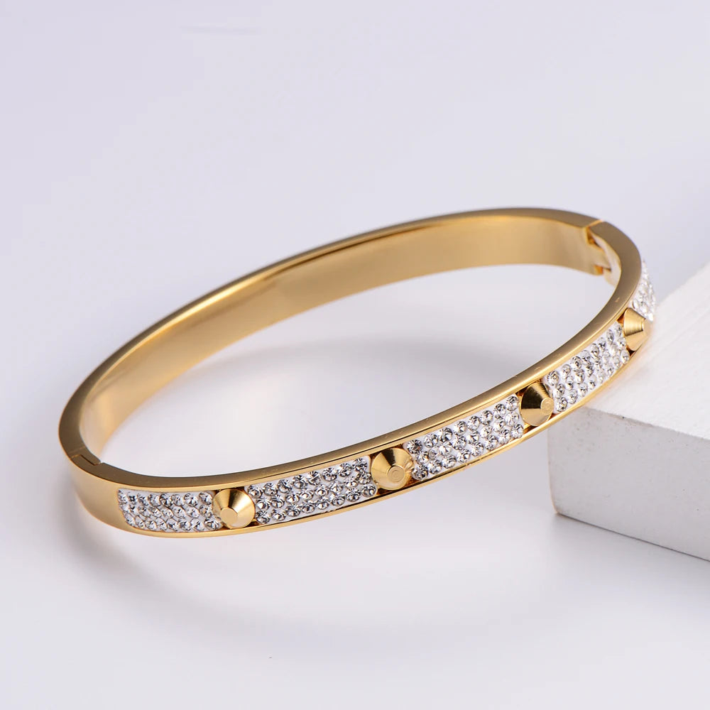 Crystal Rhinestone Stainless Steel Spike Bangle Hip Hop Bling Iced Out Men's Rapper Bracelet Full