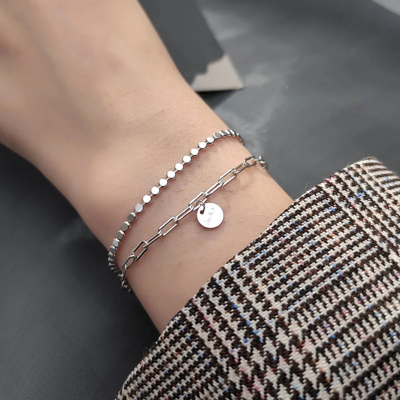Genuine 925 Sterling Silver Lucky Letter Double Chain Layer Round Slice Bracelet for Women Wedding Jewelry
